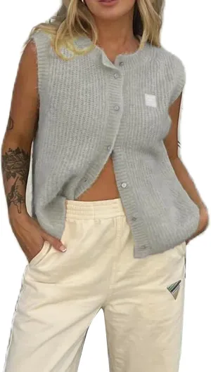 Y2k Girls Summer Knitted Vest Women Knitted Sweater Vest Sleeveless Button Down Ribbed Knit Cardigan Tank Top