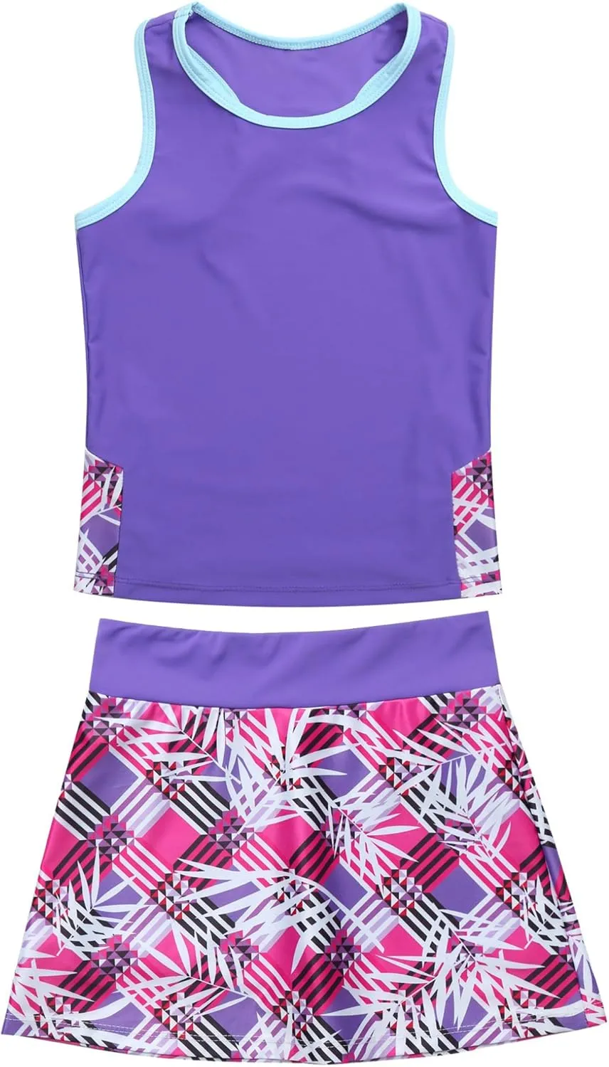 YEAHDOR Kids Girls 2 Pieces Tennis Golf Dress Set with Shorts Racerback Tank Tops and Tennis Skirt Skorts Tracksuit Set