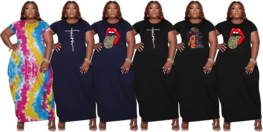 YeGine Oversize Tshirt Dress Plus Size Short Sleeve Maxi Dress with Pockets
