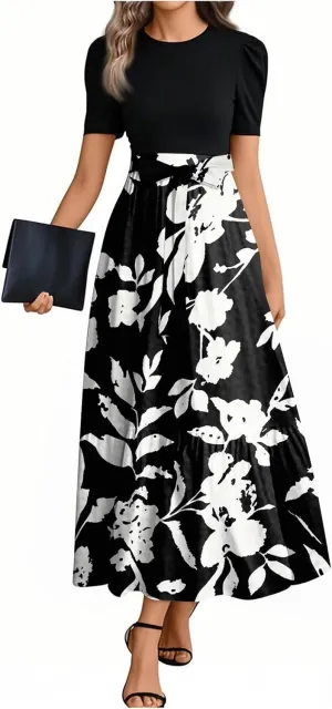 Yesunpxs Summer Dresses for Women 2025 Floral Print Wrap Short Sleeve Maxi Dress Patchwork Ruffle Hem A Line Dress