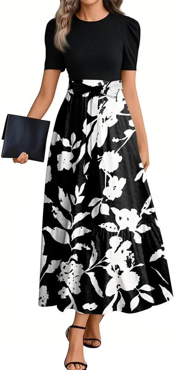 Yesunpxs Summer Dresses for Women 2025 Floral Print Wrap Short Sleeve Maxi Dress Patchwork Ruffle Hem A Line Dress