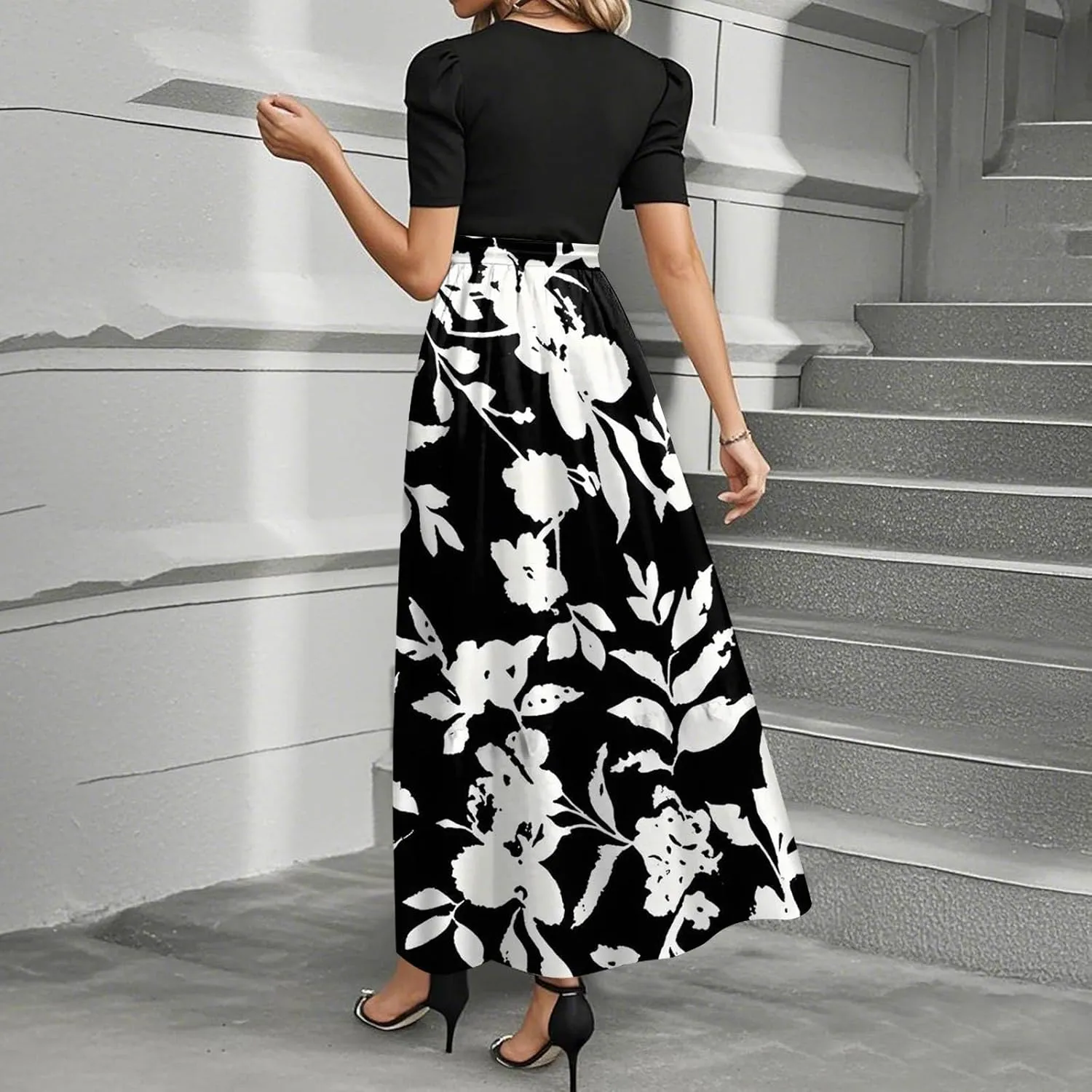 Yesunpxs Summer Dresses for Women 2025 Floral Print Wrap Short Sleeve Maxi Dress Patchwork Ruffle Hem A Line Dress
