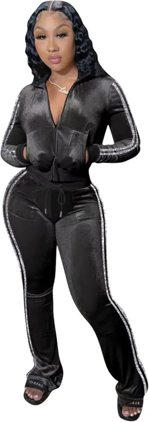 yidengymx Womens 2 Piece Velour Tracksuit Two Piece Outfits for Women Long Sleeve Zip Up Crop Tops Sweatpants Sets Pockets