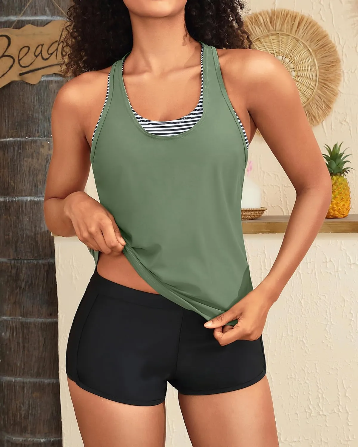 Yonique 3 Piece Athletic Tankini Swimsuits for Women with Shorts Swim Tank Tops with Sports Bra and Boyshorts Bathing Suits