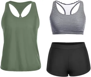 Yonique 3 Piece Athletic Tankini Swimsuits for Women with Shorts Swim Tank Tops with Sports Bra and Boyshorts Bathing Suits