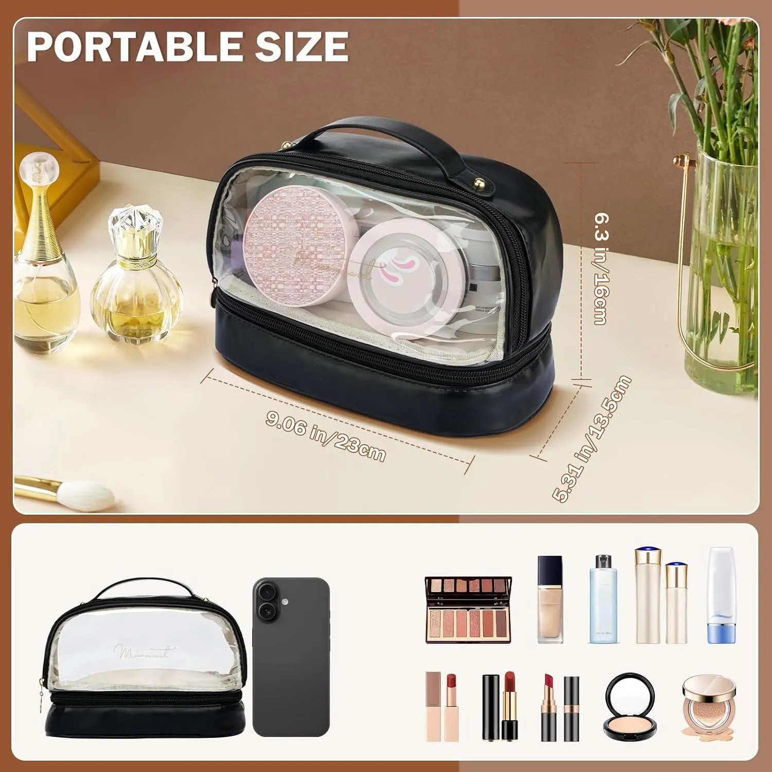 Yowivon Makeup Bag Travel Toiletry Bags Cute Preppy Skincare/Cosmetic Bag PU Leather Waterproof Makeup Organizer Zipper Pouch, Gifts for Women Mom Bride Bridesmaids