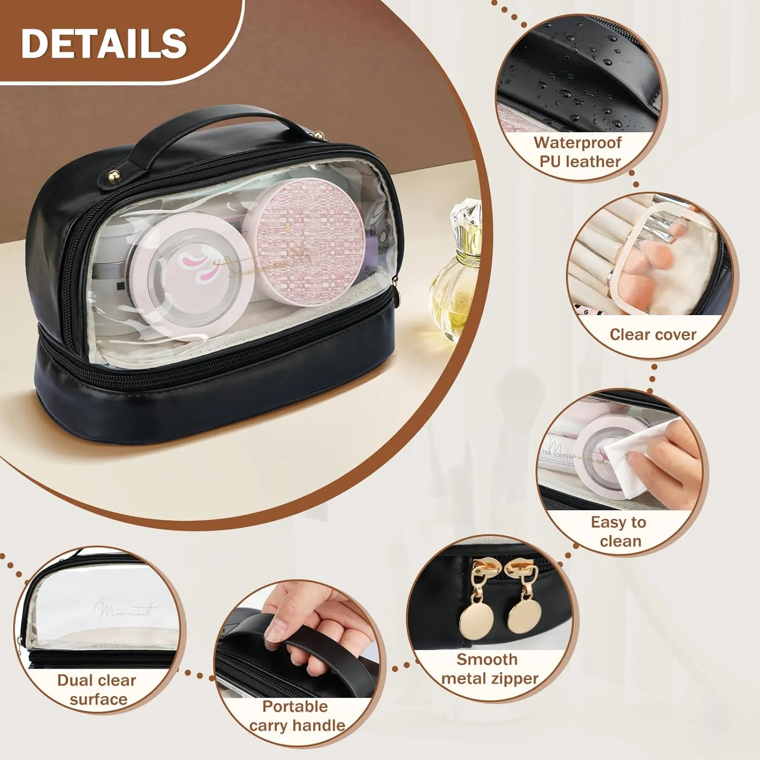 Yowivon Makeup Bag Travel Toiletry Bags Cute Preppy Skincare/Cosmetic Bag PU Leather Waterproof Makeup Organizer Zipper Pouch, Gifts for Women Mom Bride Bridesmaids
