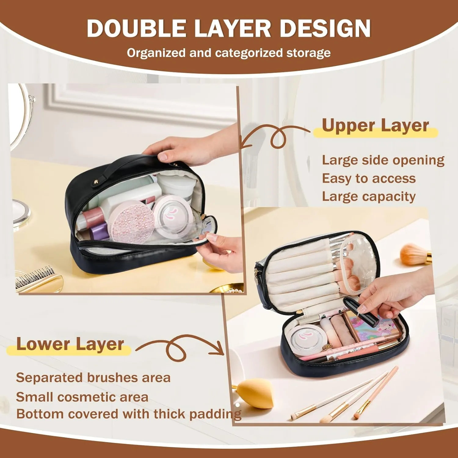Yowivon Makeup Bag Travel Toiletry Bags Cute Preppy Skincare/Cosmetic Bag PU Leather Waterproof Makeup Organizer Zipper Pouch, Gifts for Women Mom Bride Bridesmaids
